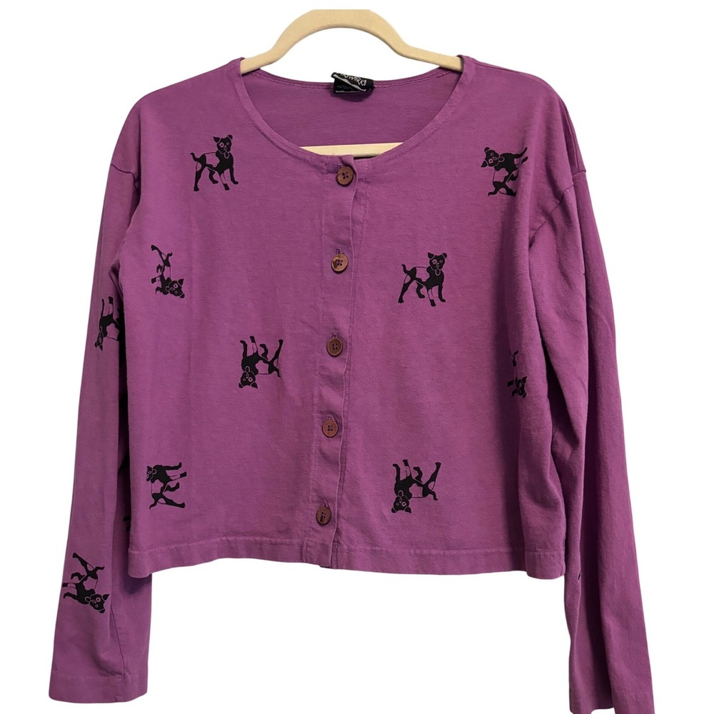 Artworks Vintage Purple 100% Cotton Dog Print Button Up Cardigan Top Made in USA